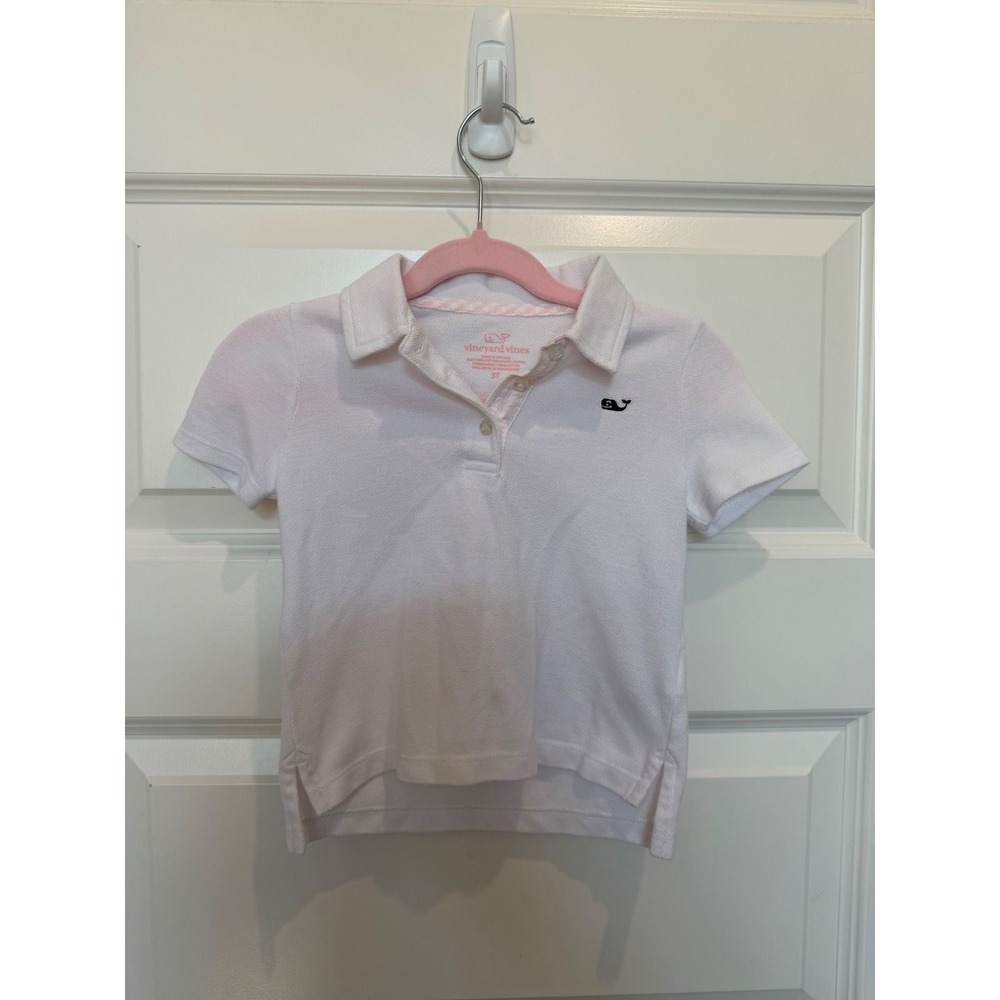 Vineyard Vines Girls White Short Sleeve Pique Polo Shirt Whale Logo Size 3T